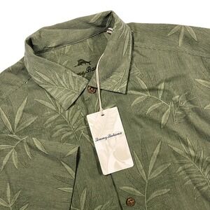 Tommy Bahama Standard Fit Luau Floral Silk Camp Shirt Mens M Olive Jacquard